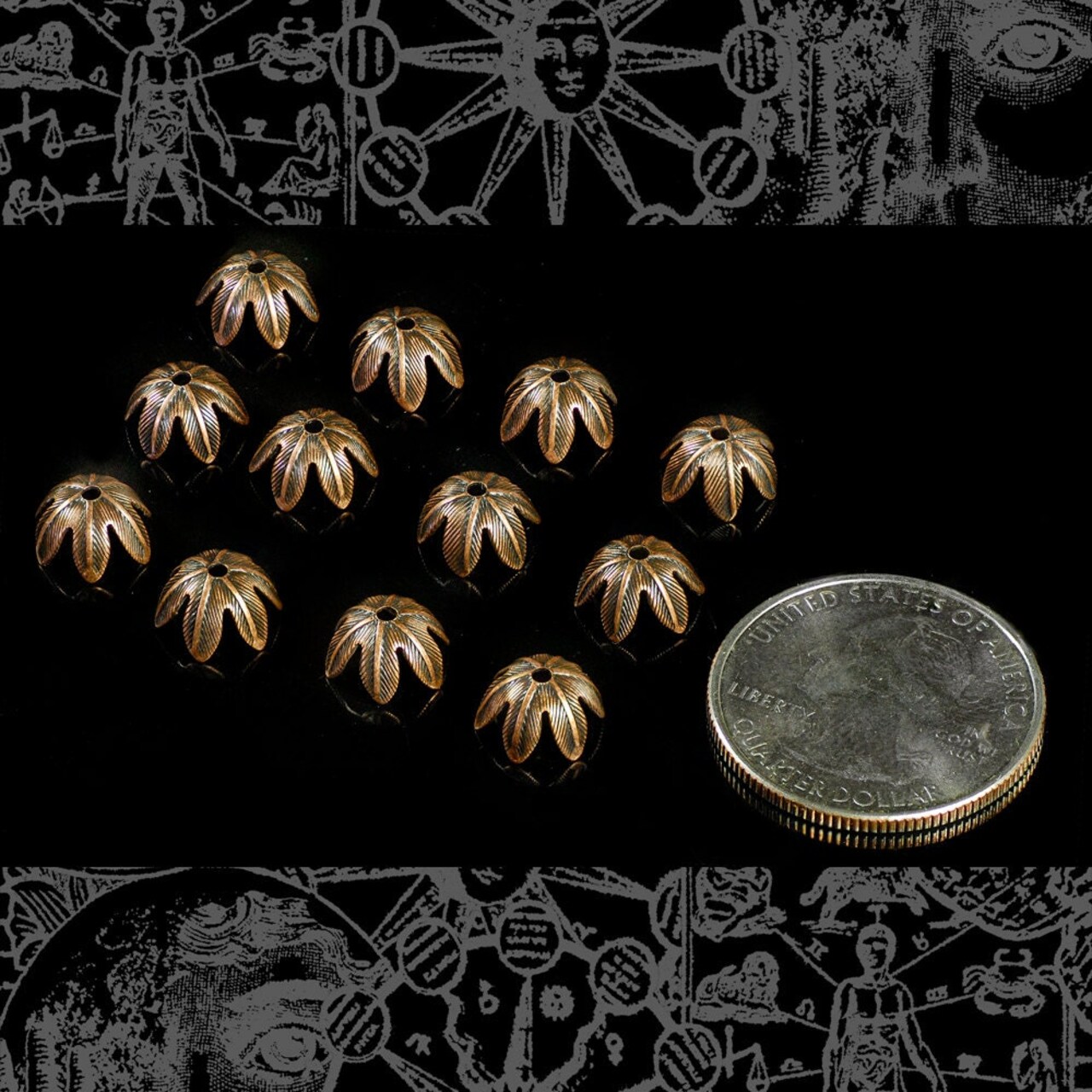 Antiqued Copper Plated Brass 8mm Floral Leafy Brass Bead Caps - Set of Twelve - C-BC12